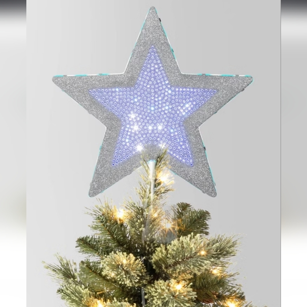 13.25" Pre-lit Glittered Metal Star Christmas Tree Topper Silver w/ Color Change